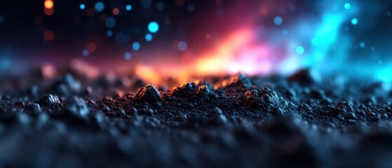 Moon Lunar surface Nightscape concept. Abstract landscape with colorful lights and textured ground.