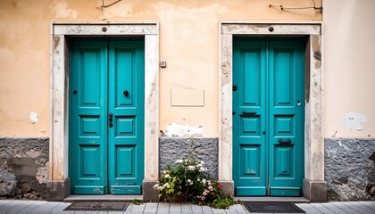 Two teal doors on a light beige building