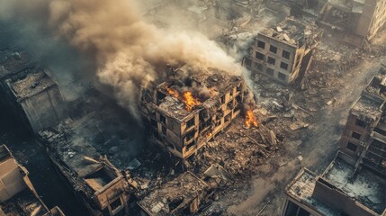 Homes devastated by flames and bombing attacks.