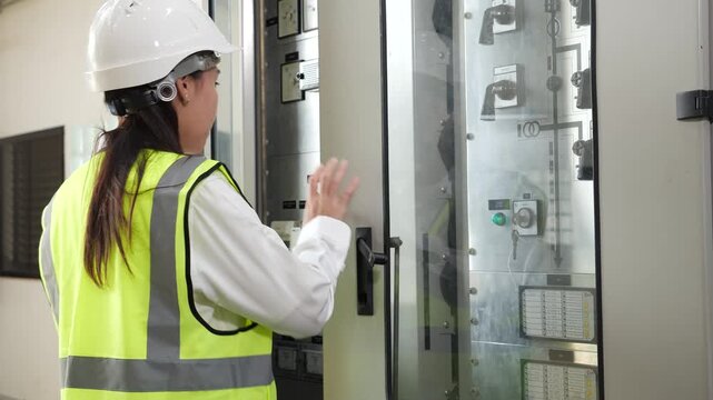 Asian woman engineer opening industrial control panel, wearing safety helmet and reflective vest, inspecting electrical machinery for maintenance, system monitoring, and workplace safety in factory