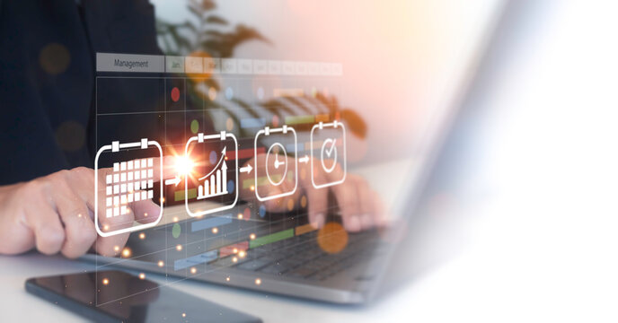 Project management concept. Project manager working and updating important tasks and planning progress of work. Businessman drawing schedule, scheduling, making timeline, virtual diagram.
