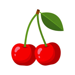 Two bright red cherries connected by green stems with a single leaf, isolated on white.
