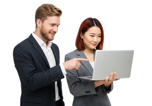 Business professionals collaborate while looking at a laptop screen