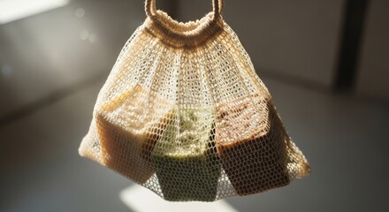 Soaps in mesh bag hang bathed in light