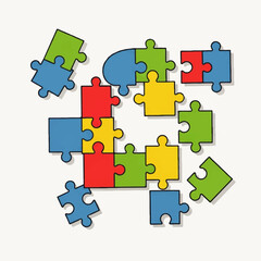 Naklejka premium Colorful jigsaw puzzle pieces scattered, some connected, forming an incomplete circle