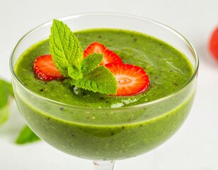 Refreshing green smoothie in a glass, garnished with fresh strawberries and mint leaves. A vibrant, healthy drink for wellness and nutrition.