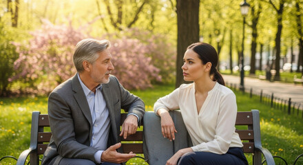 Two business professionals in a thoughtful discussion on a park bench.