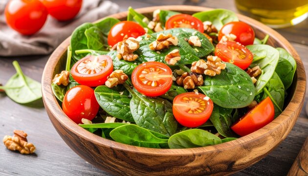 Close-up of a delicious and healthy green salad featuring fresh spinach leaves, halved cherry tomatoes, and scattered walnuts in a rustic wooden bowl.