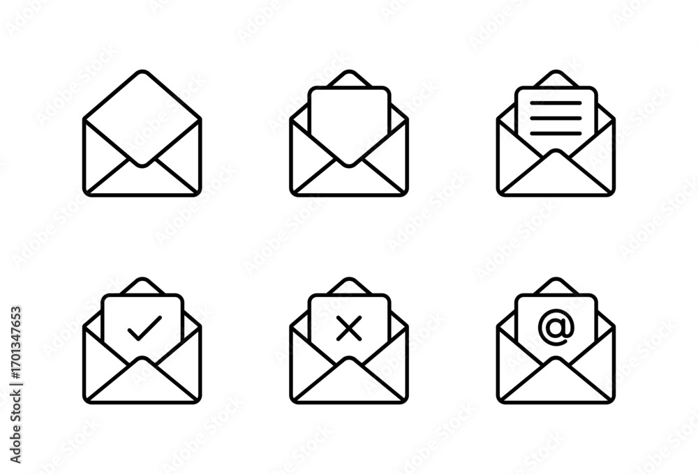 Poster open email envelope icon set in outline style. message symbol with check, cross, text, and mention s
