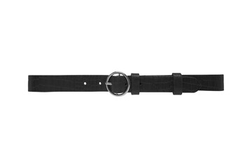 Isolated black leather belt with circular buckle on a white background