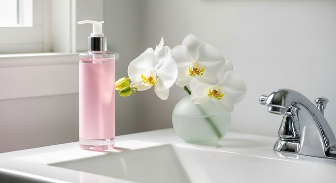 Elegant Bathroom Scene: Pink Soap, Orchids, and Shiny Chrome Fau