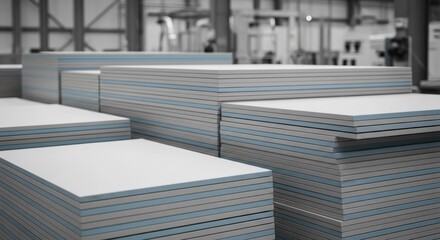 Obraz premium Stacked white panels with blue layers in an industrial setting, muted tones