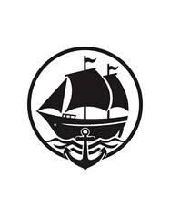 Black silhouette ship in circle with waves and anchor