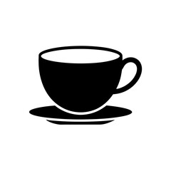 Simple black coffee cup and saucer icon on transparent background