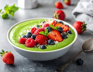 Vibrant green smoothie bowl topped with fresh berries