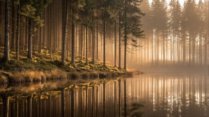 mirror. A serene forest scene reflected perfectly in still water, illuminated by golden sunlight filtering through trees. travel magazines.