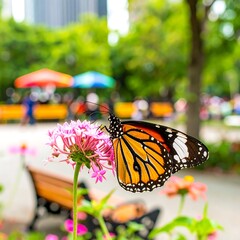 Naklejka premium Butterfly on flower in park
