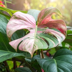 Vibrant pink and green monstera leaf