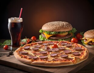 Fast Food Combo Meal with Pizza, Burgers, and Cola
