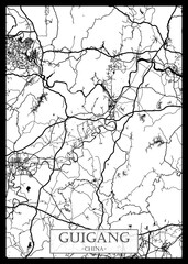 Guigang China City Street Map. downtown printable banner, travel destination Landmarks, travel city landscape, map illustration print, cities city travel, illustration painting destination banner