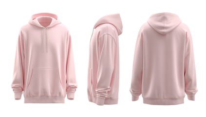 Three-view rendering of a pale pink hoodie.  Front, side, and back views of a simple, casual pullover hoodie.  Soft, light pink color.  Plain design.  Long sleeves.  Hooded