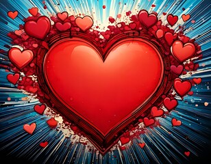 A large, vibrant red heart surrounded by smaller hearts, radiating outward on a dynamic blue background