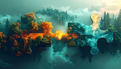 Two puzzle pieces depicting contrasting forest landscapes, one autumnal and one lush green, seamlessly merging in a misty, ethereal environment.