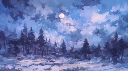 Moonlit Winter Forest: A Serene Night Scene with Snow-Covered Trees Under a Full Moon