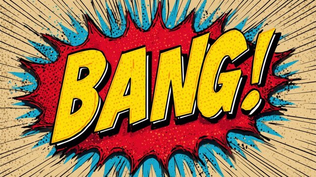 Yellow Bang Word Graphic With Red Burst and Blue Accents Shows an Explosion in a Retro Comic Book Style