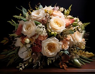 A lavish bouquet of cream and peach roses