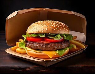 A gourmet burger in a cardboard box, accompanied by fries