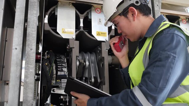 system maintenance, workplace safety in factory environment, Asian male engineer inspecting industrial machine parts, wearing helmet and safety vest, using walkie talkie and tablet for communication