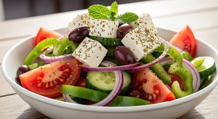 Fresh Greek Salad with Feta, Olives, and Mint Garnish in a White