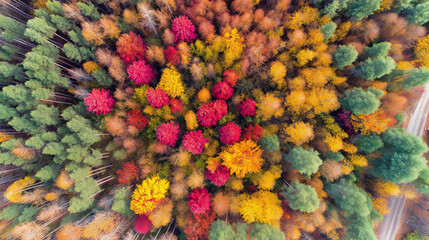 Aerial view of colorful autumn forest with red, yellow and orange foliage, natural seasonal landscape, scenic environment from above
