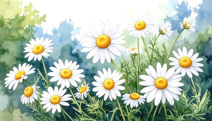 Watercolor daisies in garden