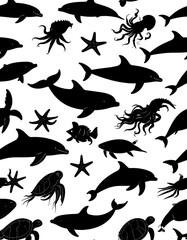 Naklejka premium Black silhouettes of marine life on white