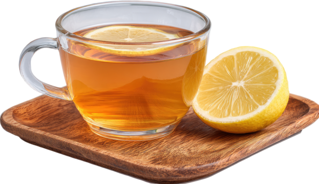 Glass teacup filled with light amber tea,  a lemon slice in the tea, and a lemon half beside it on a wooden tray