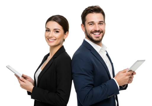 Couple holding tablets in a professional setting, smiling at the camera