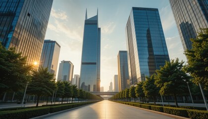 Naklejka premium Futuristic City Avenue with Tall Glass Towers and Greenery