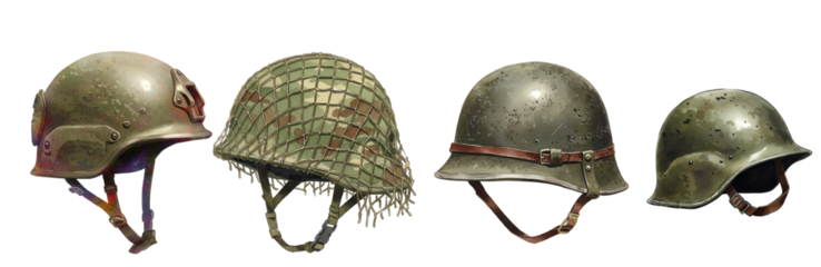 Collection of vintage military helmets showcasing historical protection and combat gear styles with transparent background