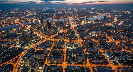 Magnificent illuminated panorama of cityscape and transport infrastructure