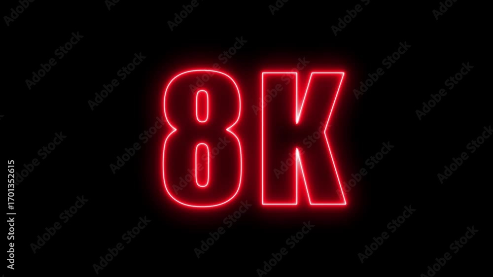 Poster animated red neon 8k text against a black background for display and resolution