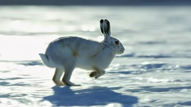 A beautiful arctic hare gracefully leaping across a pristine snow-covered landscape.