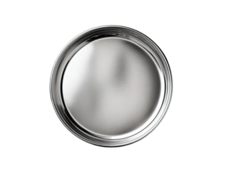 High-angle, overhead view of a round, stainless steel serving tray.  Smooth, reflective surface