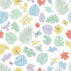 Tropical pattern with leaves, flowers, butterflies and hummingbirds in pastel colors, seamless pattern, Stock royalty free image.