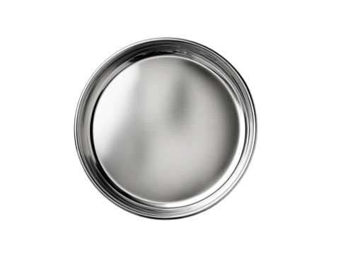 High-angle, overhead view of a round, stainless steel serving tray.  Smooth, reflective surface