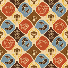 Seamless repeating pattern featuring woodland creatures, flowers, and autumn elements in a vintage style, patern seamless, Stock royalty image.
