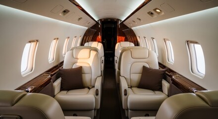 Upscale jet interior with tan leather seats and warm lighting