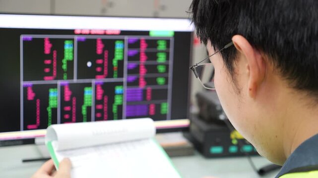 system operation and control, workplace safety with professional engineering supervision, engineer monitoring system data on computer screens in power plant control room, ensuring energy distribution