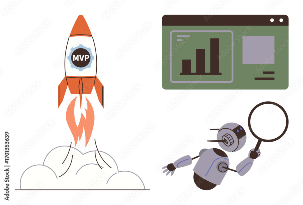 Poster rocket labeled mvp taking off, robot holding magnifying glass examining, and data dashboard with bar
